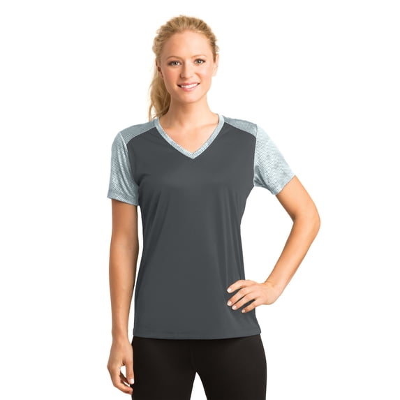 Sport-Tek Ladies CamoHex Colorblock Neck Tee-XS (Iron Grey/ White)