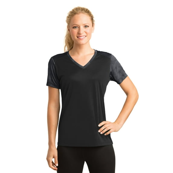 Sport-Tek Ladies CamoHex Colorblock V Neck Tee-4XL (Black/ Iron Grey)