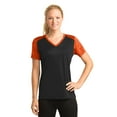 thumbnail image 1 of Sport-Tek Ladies CamoHex Colorblock V Neck Tee-M (Black/ Neon Orange), 1 of 6