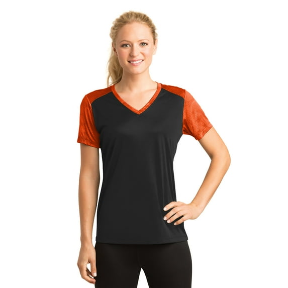 Sport-Tek Ladies CamoHex Colorblock V Neck Tee-M (Black/ Neon Orange)