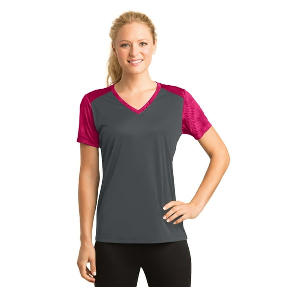 Sport-Tek Ladies CamoHex Colorblock V Neck Tee-XS (Iron Grey/ Pink Raspberry)