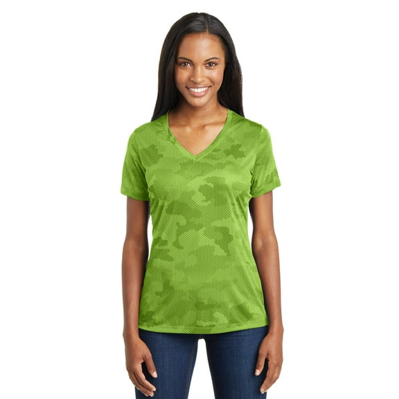 Sport-Tek Ladies CamoHex V Neck Tee-M (Lime Shock)