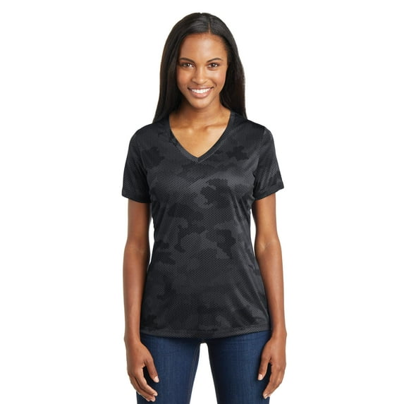 Sport-Tek Ladies CamoHex V Neck Tee-XS (Iron Grey)