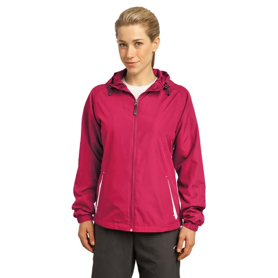 Sport-Tek Ladies Colorblock Hooded Raglan Jacket-3XL (Pink Raspberry/White)