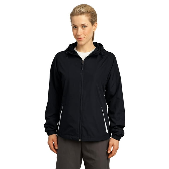 Sport-Tek Ladies Colorblock Hooded Raglan Jacket-M (Black/White)