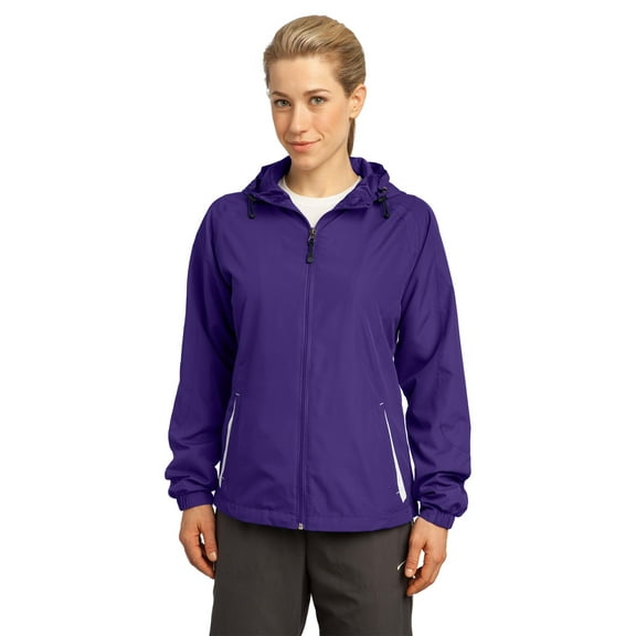 Sport-Tek Ladies Colorblock Hooded Raglan Jacket-XS (Purple/White)