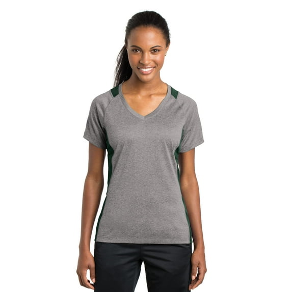 Sport-Tek Ladies Heather Colorblock Contender Neck Tee-2XL (Vintage Heather/ Forest Green)