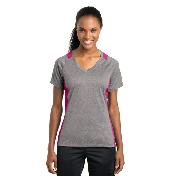 Sport-Tek Ladies Heather Colorblock Contender Neck Tee-S (Vintage Heather/ Pink Raspberry)
