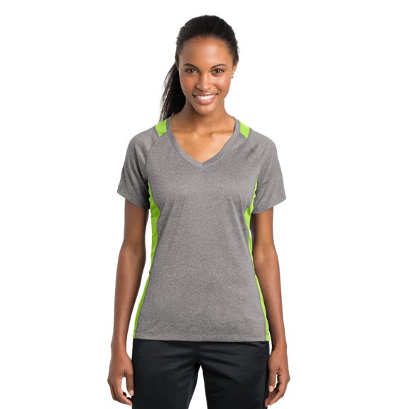Sport-Tek Ladies Heather Colorblock Contender Neck Tee-XL (Vintage Heather/ Lime Shock)