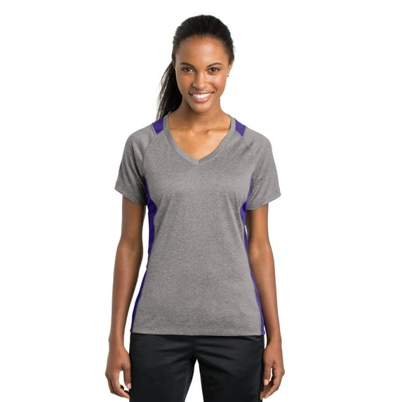 Sport-Tek Ladies Heather Colorblock Contender V Neck Tee-3XL (Vintage Heather/ Purple)