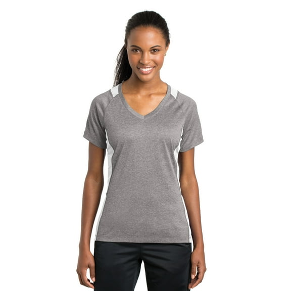 Sport-Tek Ladies Heather Colorblock Contender V Neck Tee-4XL (Vintage Heather/ White)