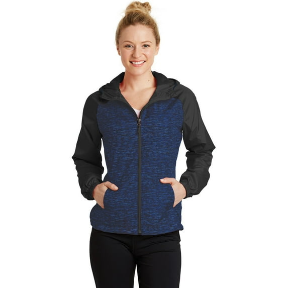 Sport-Tek Ladies Heather Colorblock Raglan Hooded Wind Jacket. LST40