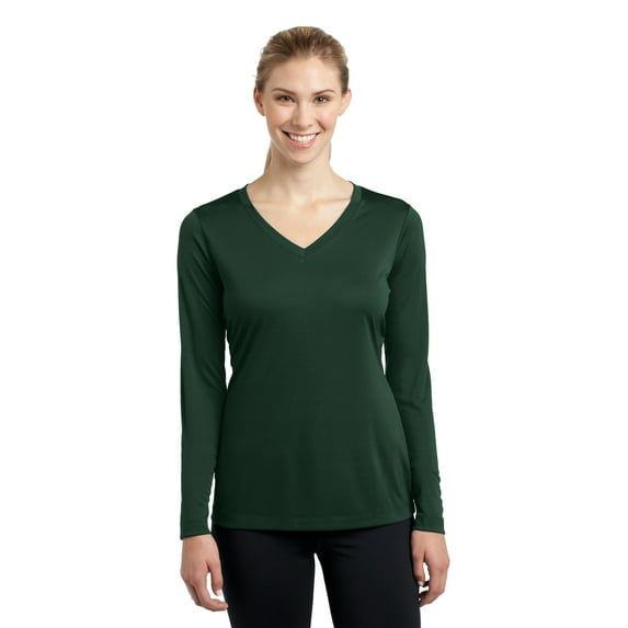 Sport-Tek Ladies Long Sleeve PosiCharge Competitor V Neck Tee-M (Forest Green)