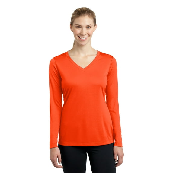 Sport-Tek Ladies Long Sleeve PosiCharge Competitor V Neck Tee-S (Neon Orange)