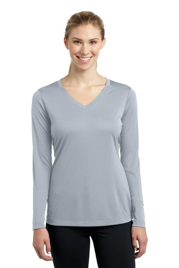 Ladies Long Sleeve PosiCharge Competitor V Neck Tee-S (Silver)