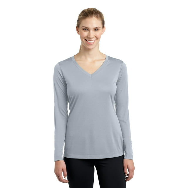 Sport-Tek Ladies Long Sleeve PosiCharge Competitor V Neck Tee-XL (Silver)