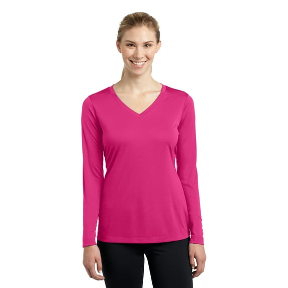 Sport-Tek Ladies Long Sleeve PosiCharge Competitor V Neck Tee-XS (Pink Raspberry)