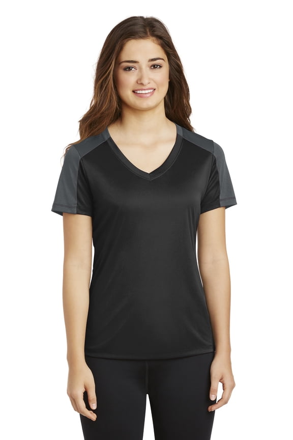 Ladies PosiCharge Competitor Sleeve Blocked Neck Tee-XS (Black/ Iron Grey)