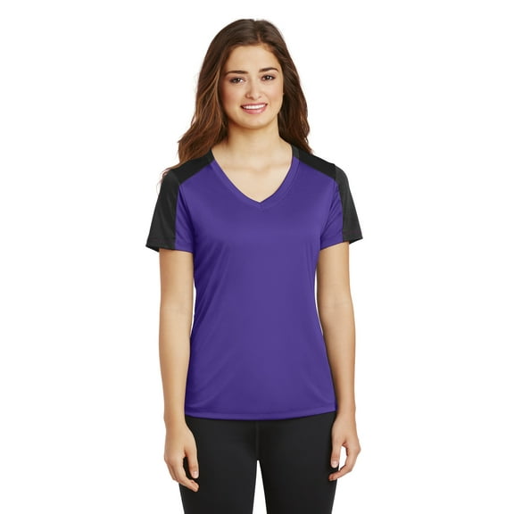 Sport-Tek Ladies PosiCharge Competitor Sleeve Blocked V Neck Tee-4XL (Purple/ Black)
