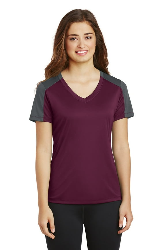 Ladies PosiCharge Competitor Sleeve Blocked V Neck Tee-XS (Maroon/ Iron Grey)