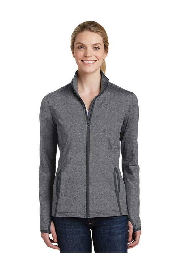 Ladies Sport Wick Stretch Contrast Full Zip Jacket-M (Charcoal Grey Heather/ Charcoal Grey)