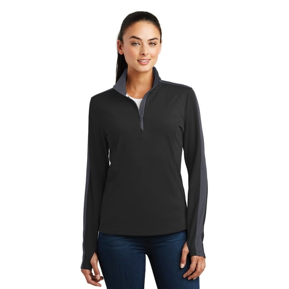Sport-Tek Ladies Sport Wick Textured Colorblock 1/4 Zip Pullover-3XL (Black/ Iron Grey)