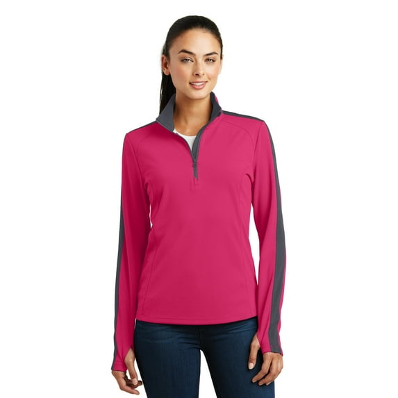 Sport-Tek Ladies Sport Wick Textured Colorblock 1/4 Zip Pullover-L (Pink Raspberry/ Iron Grey)