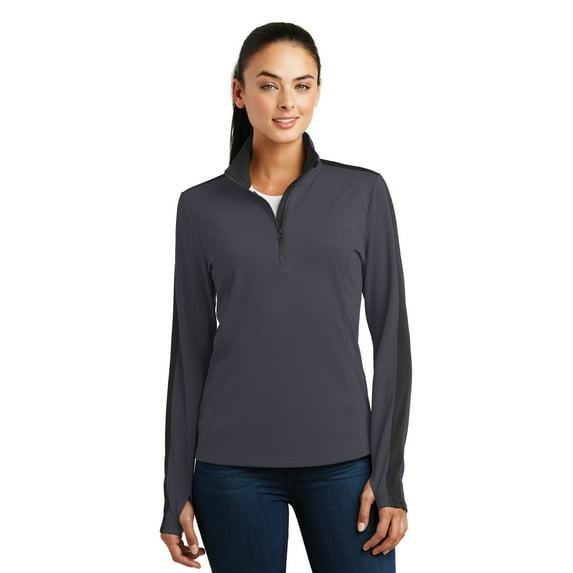Sport-Tek Ladies Sport Wick Textured Colorblock 1/4 Zip Pullover-XL (Iron Grey/ Black)