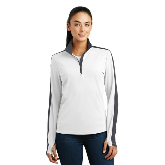 Sport-Tek Ladies Sport Wick Textured Colorblock 1/4 Zip Pullover-XL (White/ Iron Grey)