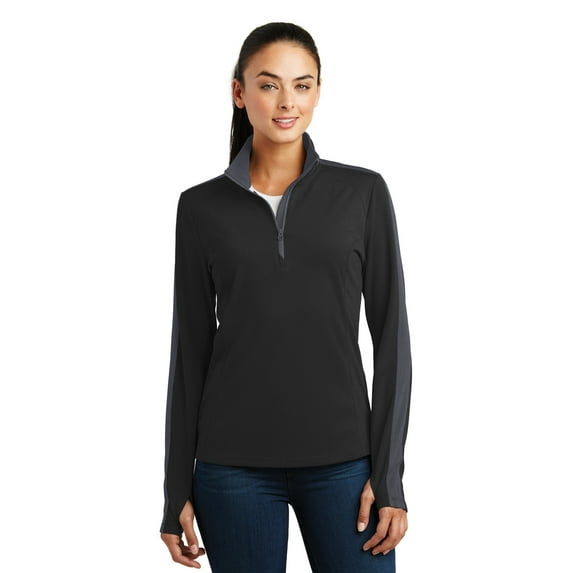 Sport-Tek Ladies Sport Wick Textured Colorblock 1/4 Zip Pullover-XS (Black/ Iron Grey)