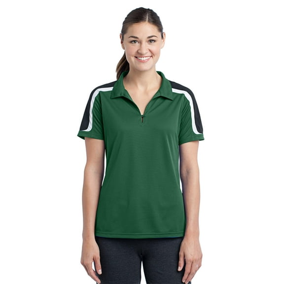 Sport-Tek Ladies Tricolor Shoulder Micropique Sport Wick Polo-L (Forest Green/Black/White)