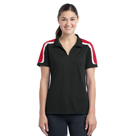 Sport-Tek Ladies Tricolor Shoulder Micropique Sport Wick Polo-M (Black/True Red/White)