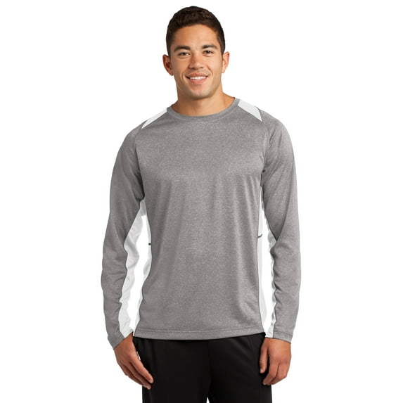 Sport-Tek Long Sleeve Heather Colorblock Contender Tee-XL (Vintage Heather/ White)