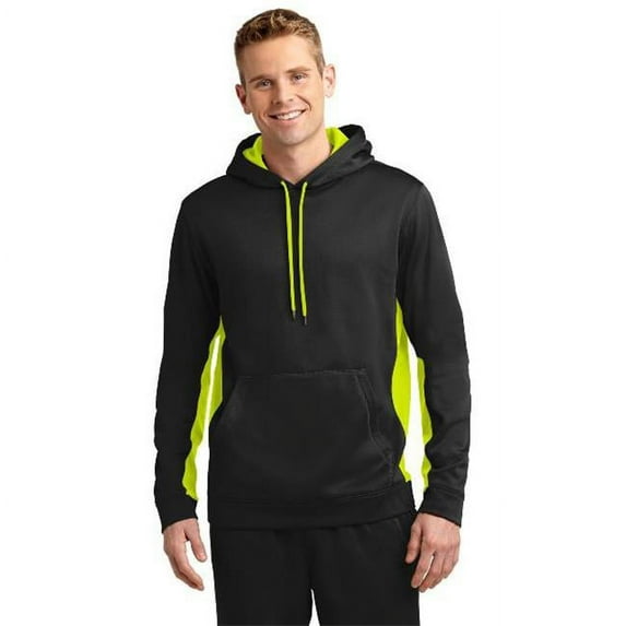 Sport-Tek ST235 Mens Sport-Wick Fleece Colorblock Hooded Pullover, Black & Safety Yellow - Small