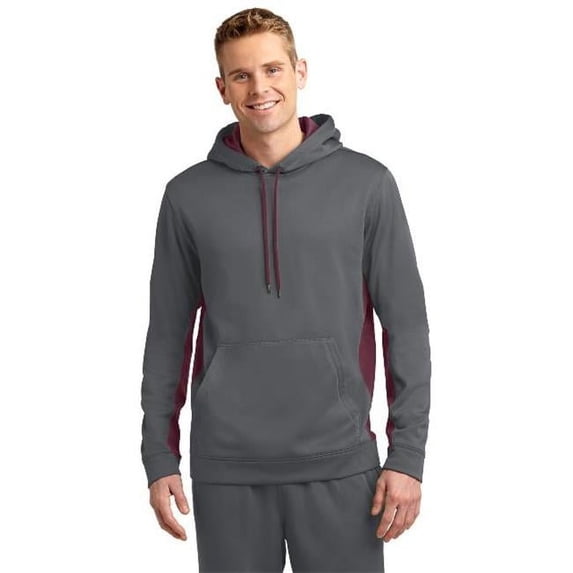 Sport-Tek ST235 Mens Sport-Wick Fleece Colorblock Hooded Pullover, Dark Smoke Grey & Maroon - Large