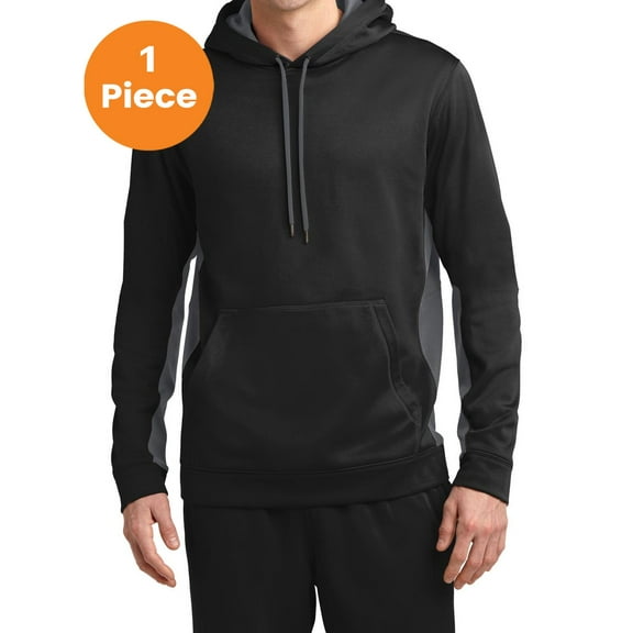 Sport-Tek ST235 Sport-Wick Fleece Colorblock Hooded Pullovers, Black/ Dark Smoke Grey, S, Mens Hoodies
