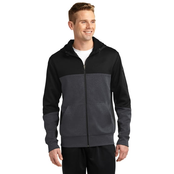 Sport-Tek ST245 Mens Tech Fleece Colorblock Full-Zip Hooded Jacket, Black, Graphite Heather & Black - 3XL