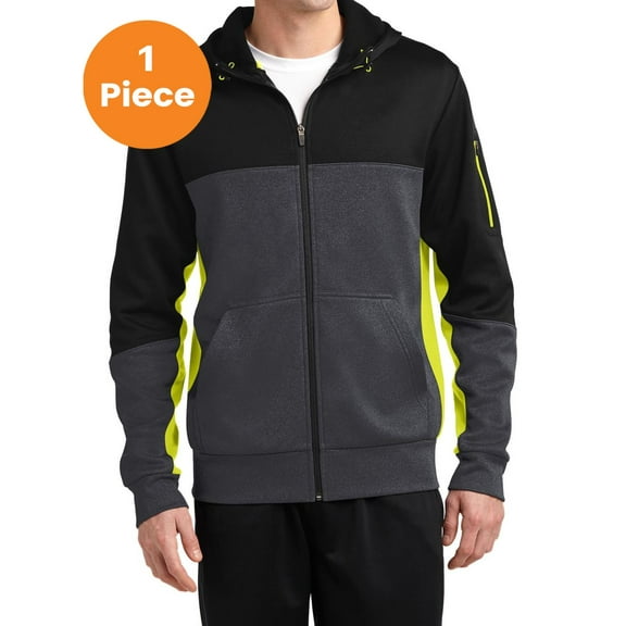 Sport-Tek ST245 Tech Fleece Colorblock Full-Zip Hooded Jacket, Black/ Graphite Heather/ Citron, XL, Mens Fleece Jackets