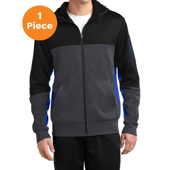 Sport-Tek ST245 Tech Fleece Colorblock Full-Zip Hooded Jacket, Black/ Graphite Heather/ True Royal, XL, Mens Athletic Jackets