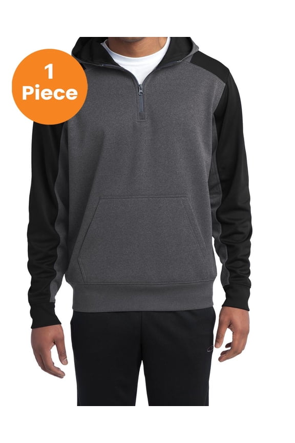 ST249 Colorblock Tech Fleece 1/4-Zip Hooded Sweatshirt , Graphite Heather/ Black, XL, Mens Hoodies