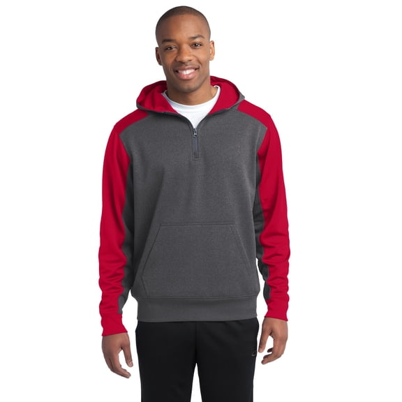 Sport-Tek ST249 Colorblock Tech Fleece 1/4-Zip Hooded Sweatshirt , Graphite Heather/ True Red, XL