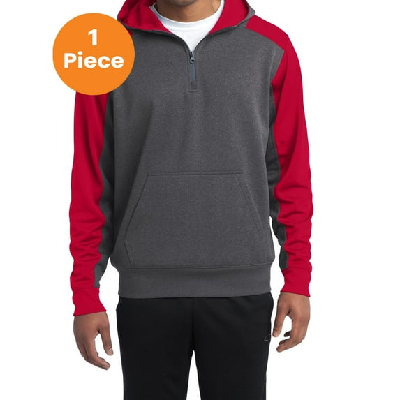 Sport-Tek ST249 Colorblock Tech Fleece 1/4-Zip Hooded Sweatshirt , Graphite Heather/ True Red, XS, Mens Hoodies and Sweatshirts