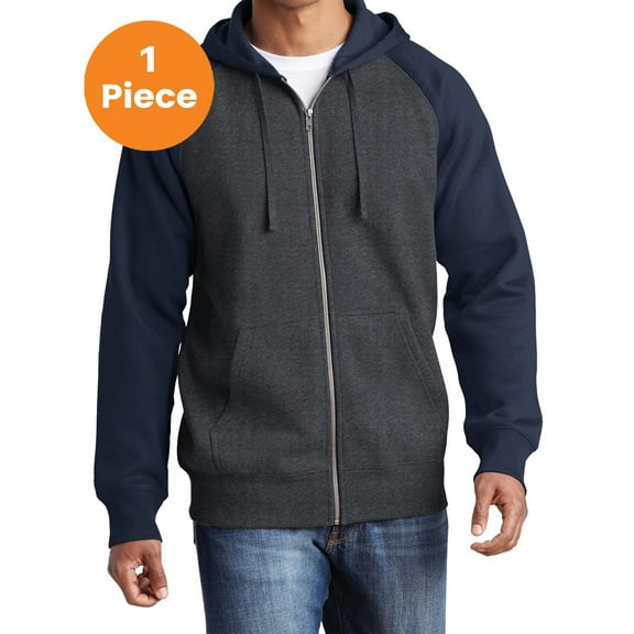 Sport-Tek ST269 Raglan Colorblock Full-Zip Hooded Fleece Jacket, Graphite Heather/ True Navy, S, Mens Athletic Jackets