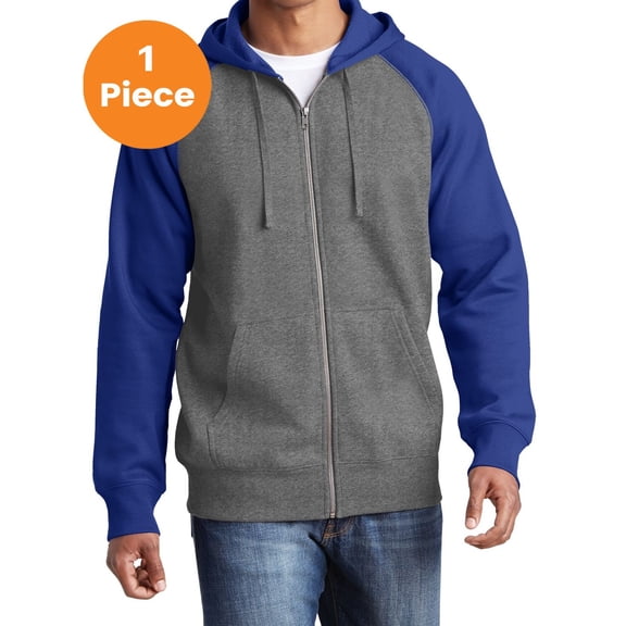 Sport-Tek ST269 Raglan Colorblock Full-Zip Hooded Fleece Jacket, Vintage Heather/ True Royal, XL, Mens Athletic Jackets