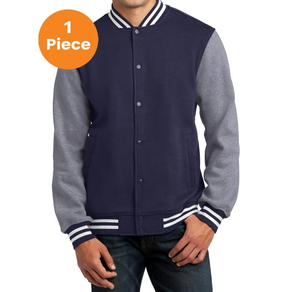 Sport-Tek ST270 Fleece Letterman Jacket, True Navy/ Vintage Heather, S, Mens Varsity Jackets