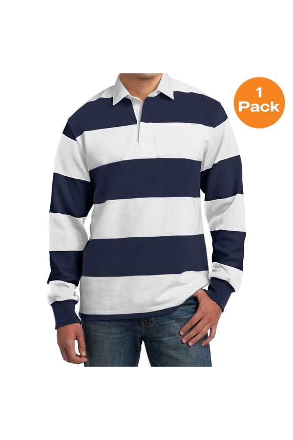 ST301 Classic Long Sleeve Rugby Polo, True Navy/ White, M, Mens Polo Shirts
