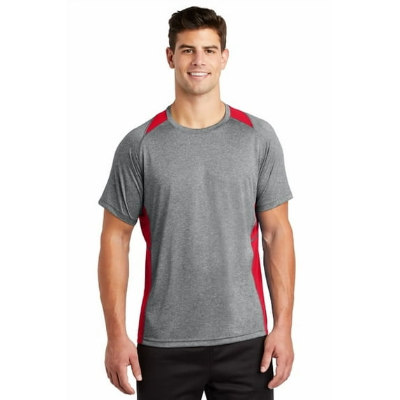 Sport-Tek ST361 Mens Heather Colorblock Contender Tees, Vintage Heather & True Red - Large