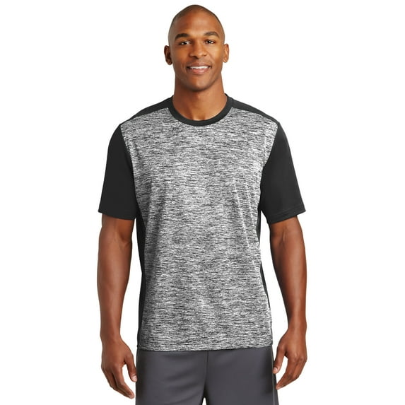 Sport-Tek ST395 PosiCharge Electric Heather Colorblock Tee, Black Electric/ Black, 3XL