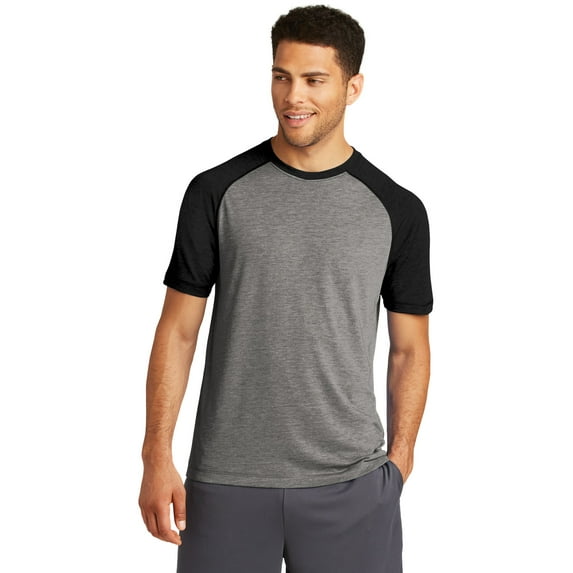 Sport-Tek ST400 PosiCharge Tri-Blend Wicking Raglan Tee, Black Triad Solid/ Dark Grey Heather, XS