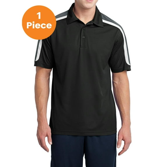 Sport-Tek ST658 Tricolor Shoulder Micropique Sport-Wick Polo, Black/Iron Grey/White, XL, Mens Polo Shirts